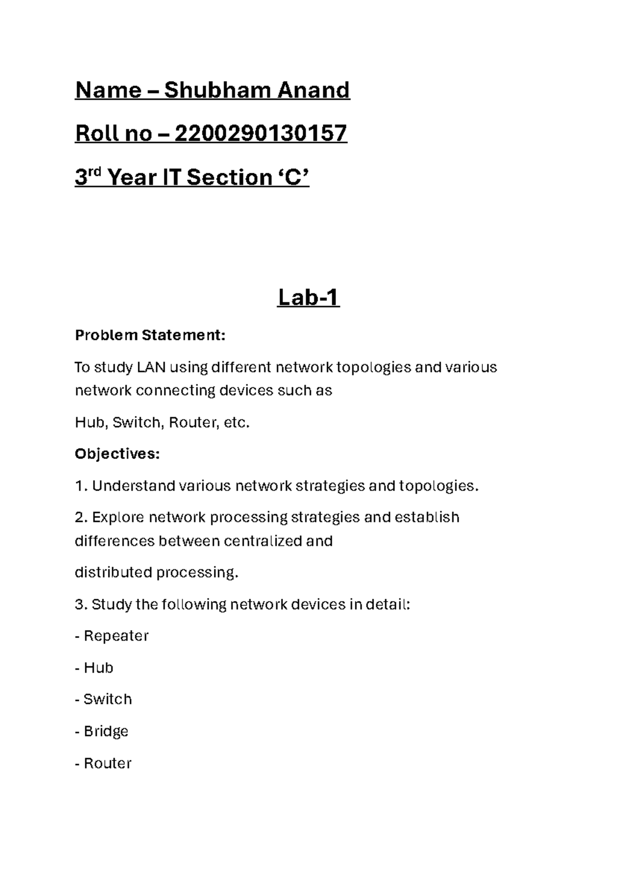 CNlab 1 - Computer Networks Lab 1 File - Name – Shubham Anand Roll no ...
