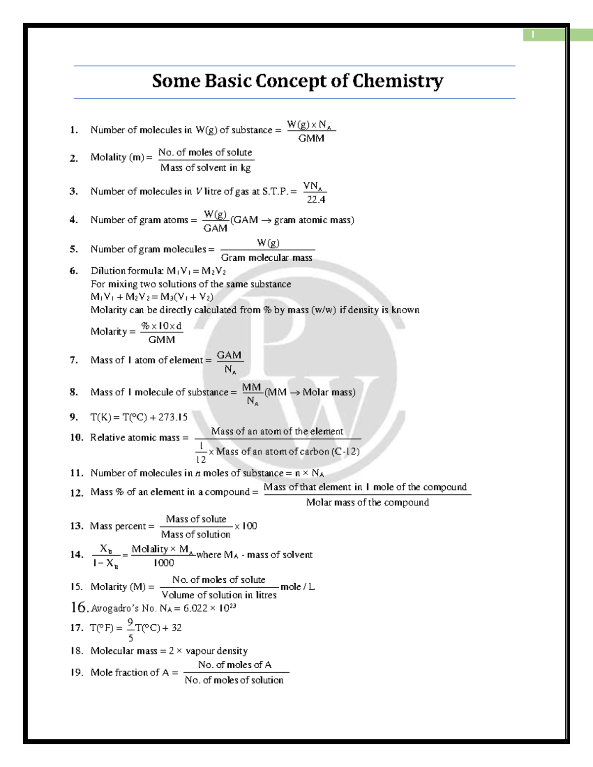 Physical Chemistry Formula Sheet - Key Concepts and Formulas - Studocu