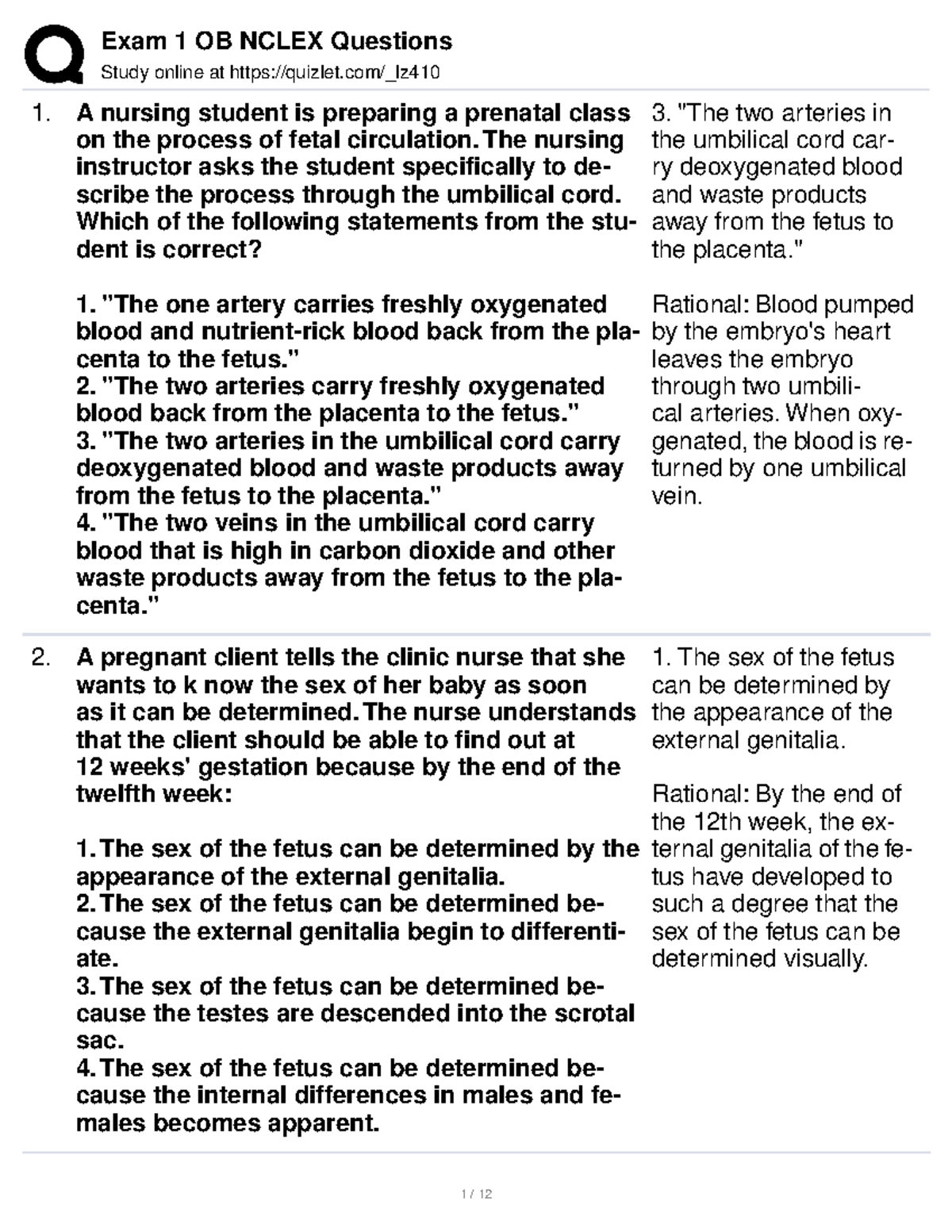 Exam 1 OB Nclex Questions - Study online at quizlet/_lz A nursing ...