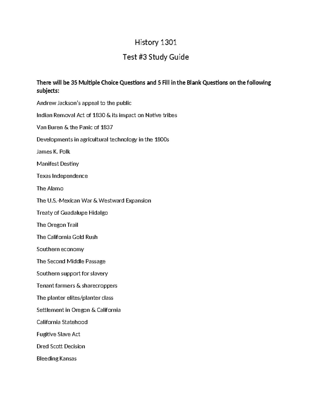 History 1301 Test #3 Study Guide: Key Topics and Exam Questions - Studocu