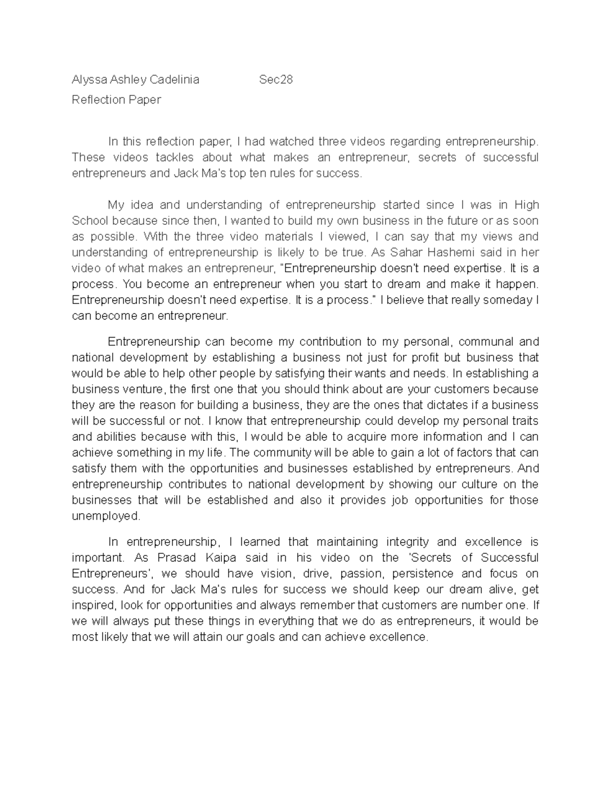 NSTP Reflection on Entrepreneurship Insights and Learning - Studocu