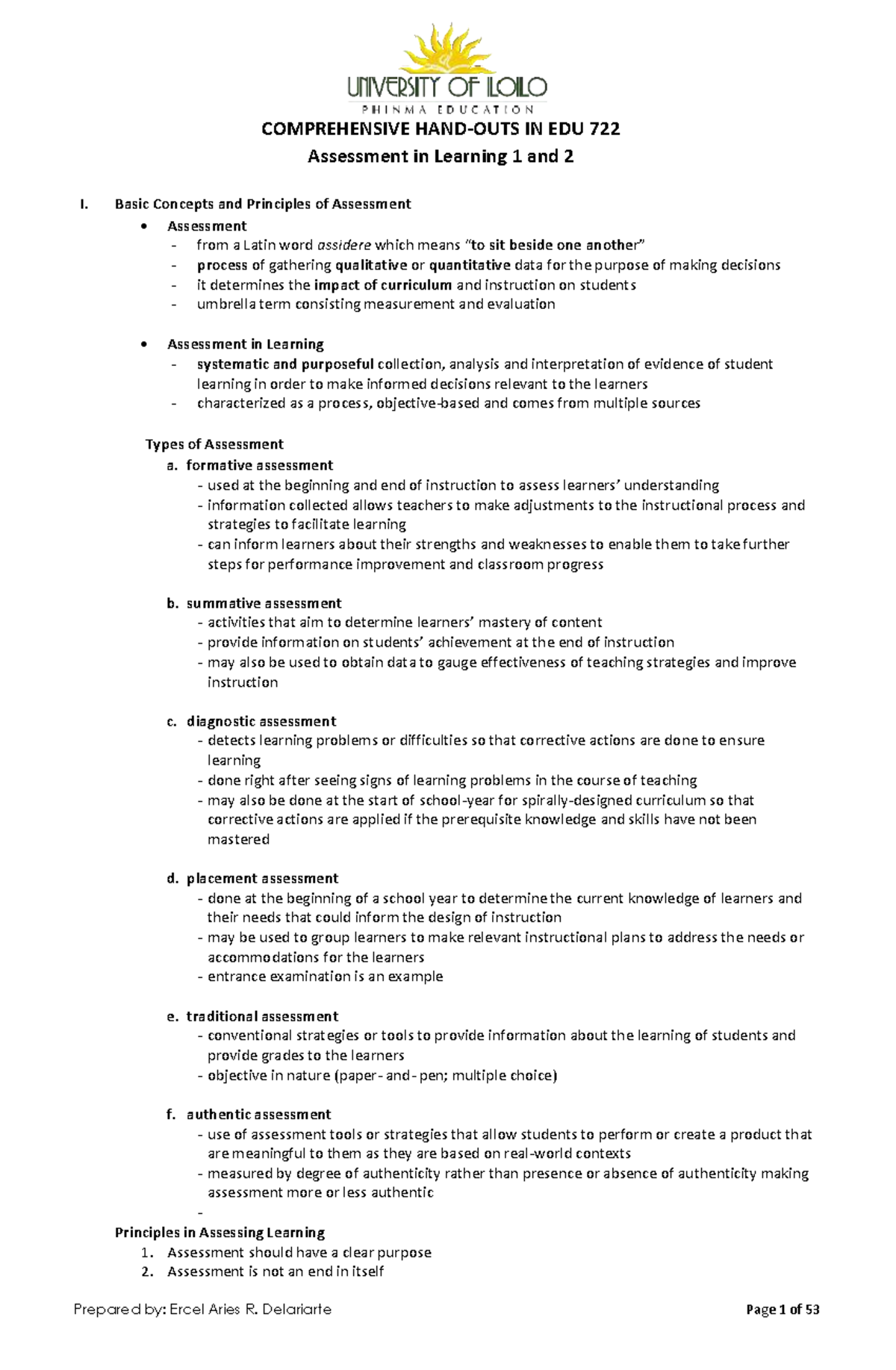Comprehensive Handouts for EDU 722: Assessment in Learning 1 & 2 - Studocu