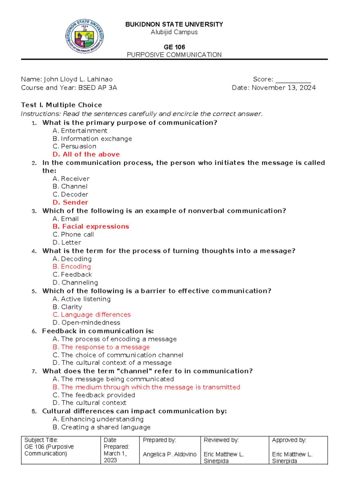 GE 106 Midterm Exam: Purposive Communication Questions & Answers - Studocu