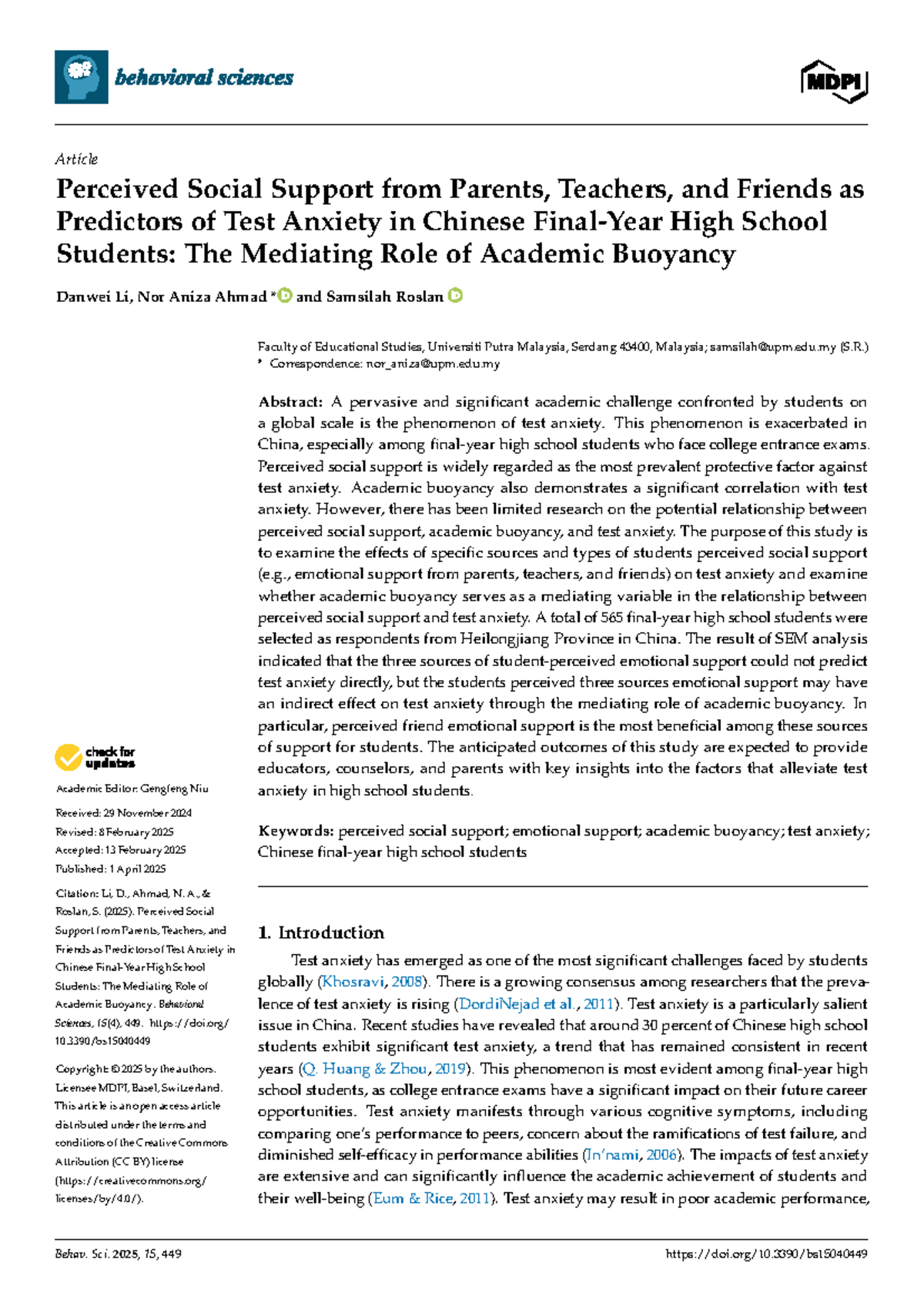 Perceived Social Support and Test Anxiety in Chinese High School ...