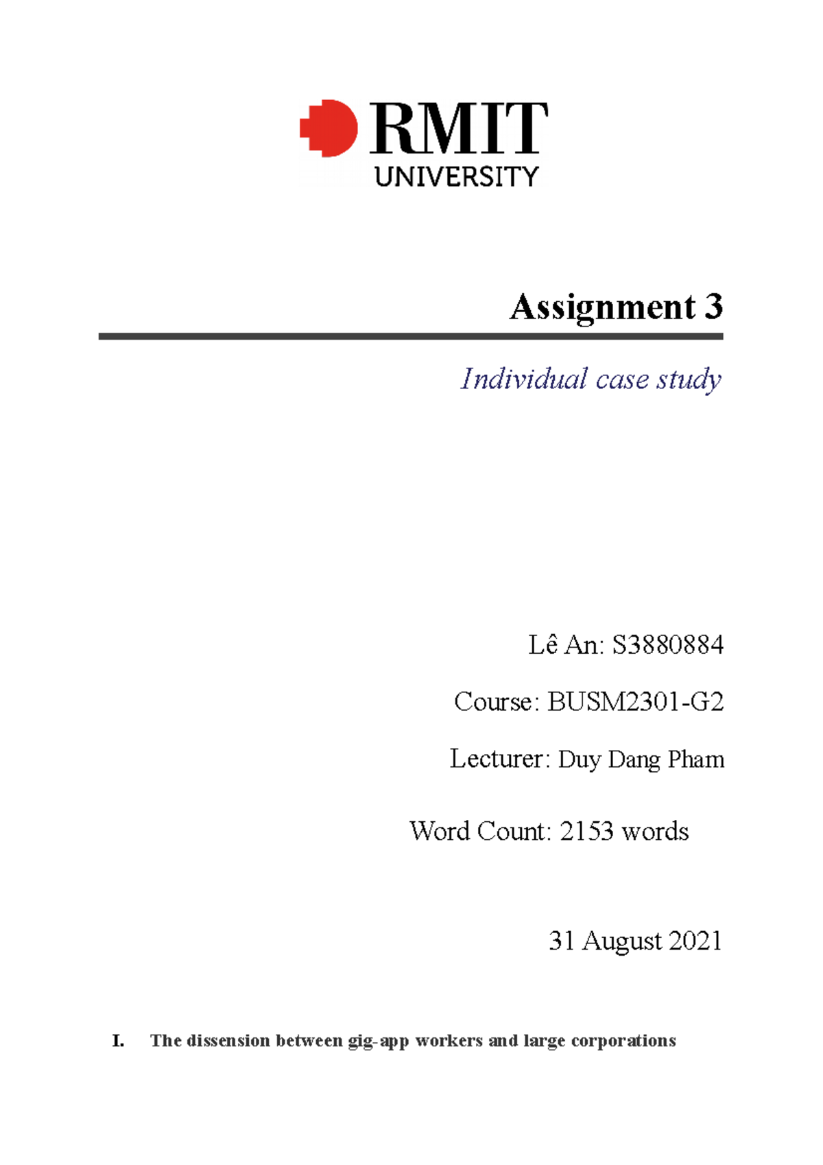 BUSM2301-Assignment 3-Le An-s3880884 Semester 2, 2021 (2192) Home ...