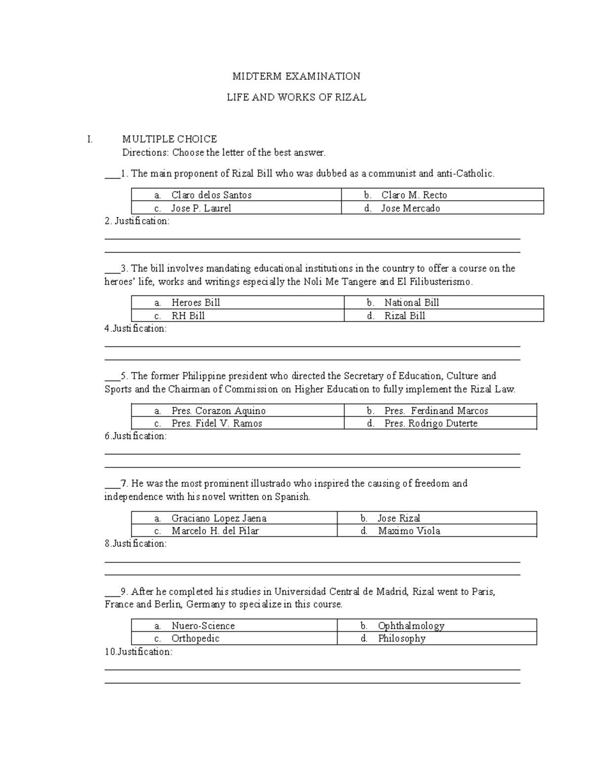 Midterm Examination Draft - MIDTERM EXAMINATION LIFE AND WORKS OF RIZAL ...
