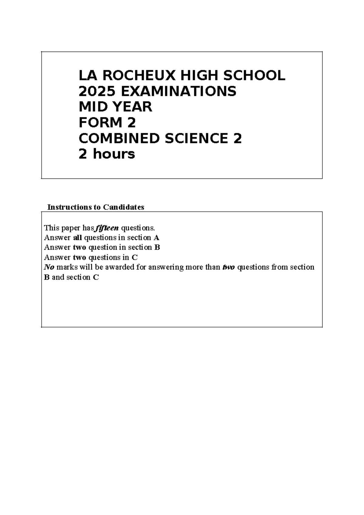 Form 2 Combined Science Mid-Year Exam Paper 2 - 2025 - Studocu