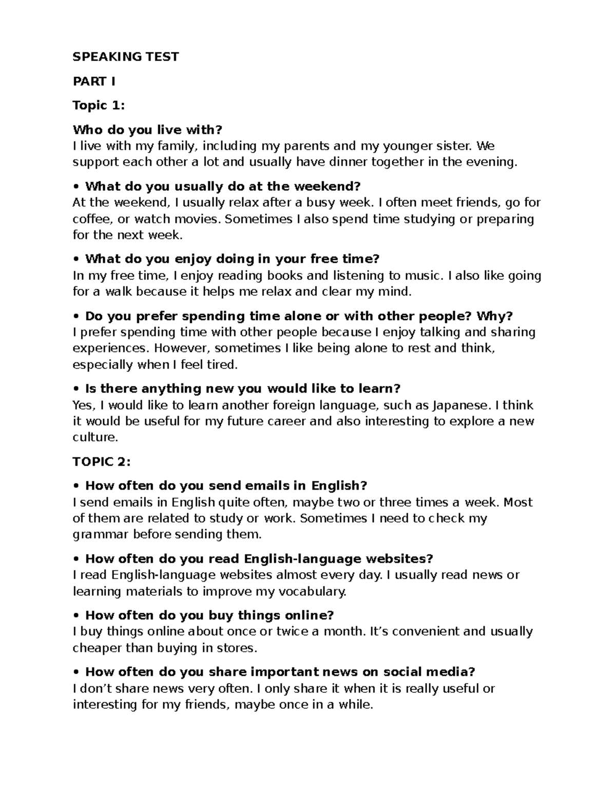 SPEAKING TEST PART I & II: Topics and Answers for Practice - Studocu