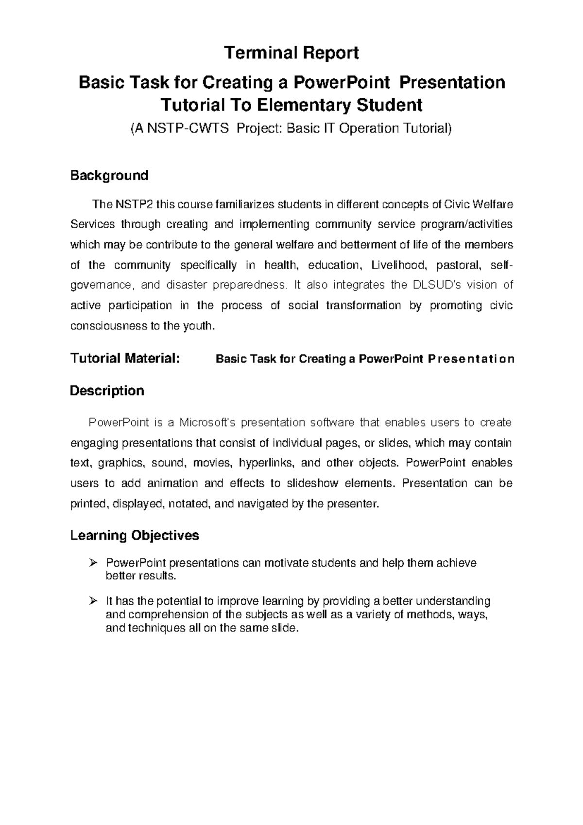 NSTP-CWTS Terminal Report: PowerPoint Presentation Tutorial for Kids ...