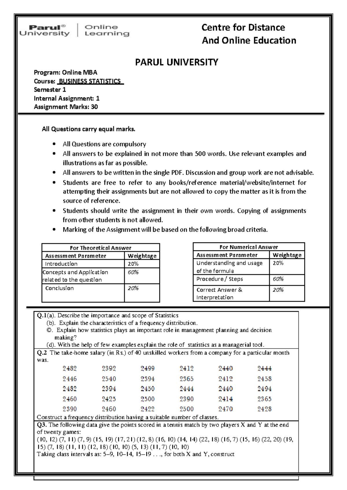 Online MBA - Business Statistics - Semester 1 Internal Assignment 1 ...