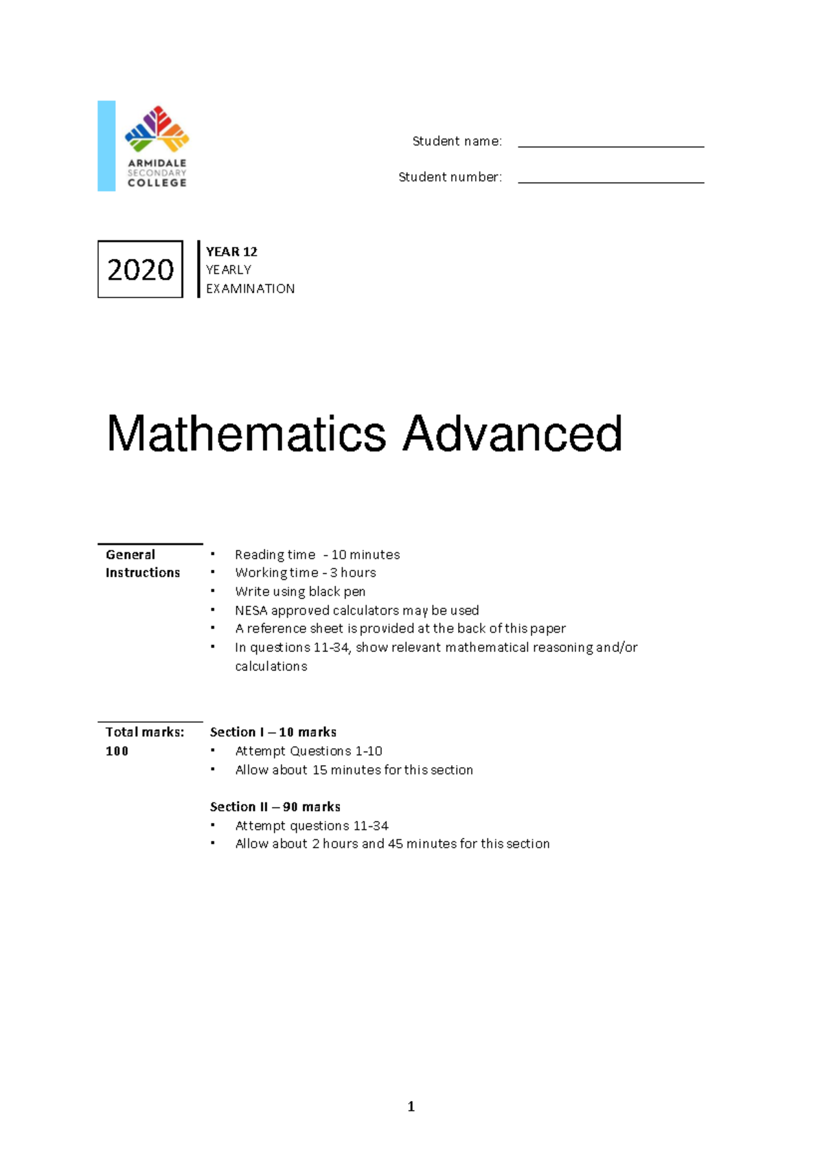 ASC 20YE12MAD Exam - ASC Trial Paper 2020 Maths Advanced - Student name ...