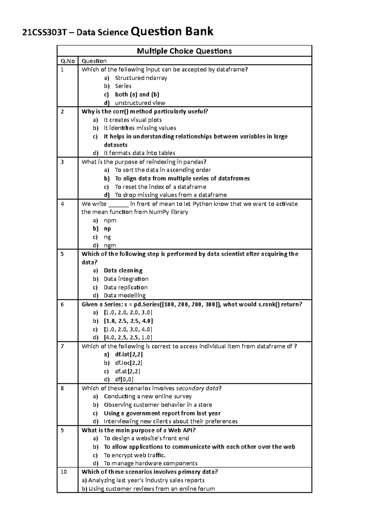 21CSS303T Data Science MCQ Question Bank for All Units - Studocu