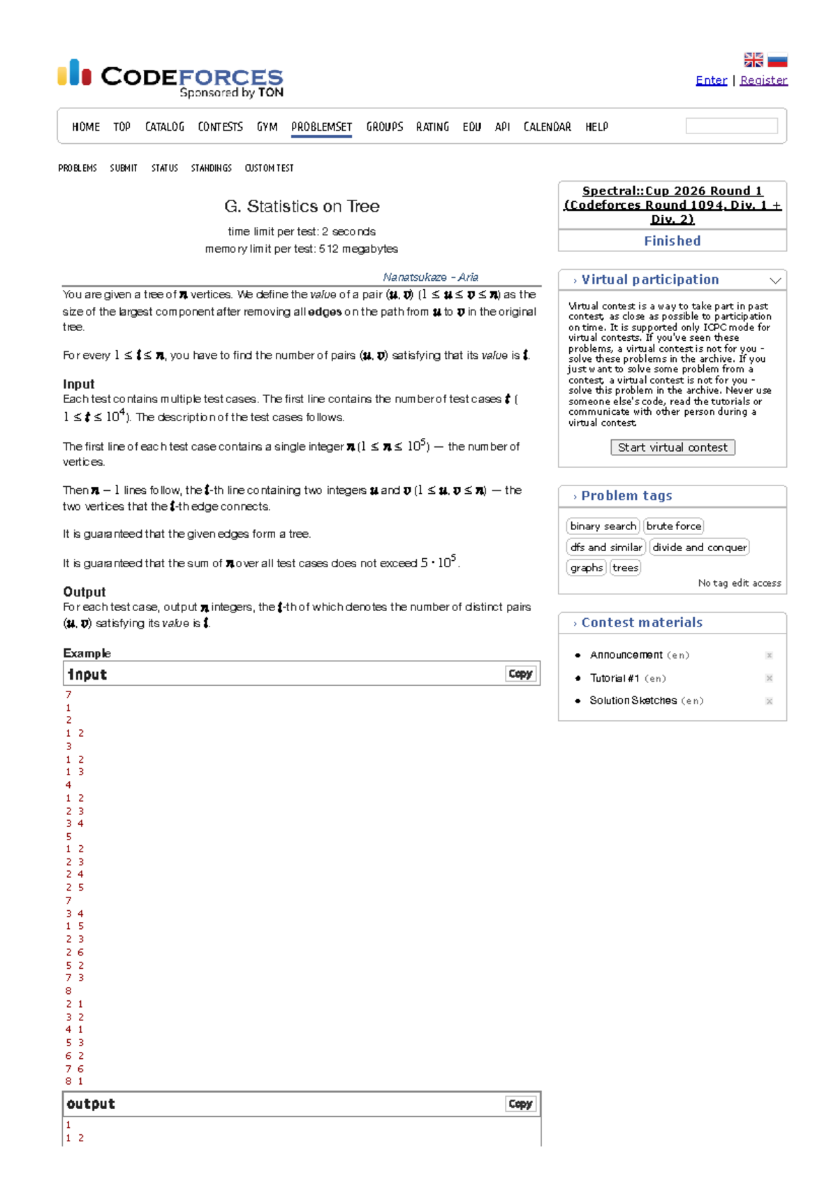 Problem 2222G: Statistics on Tree - Codeforces Round 1094 - Studocu