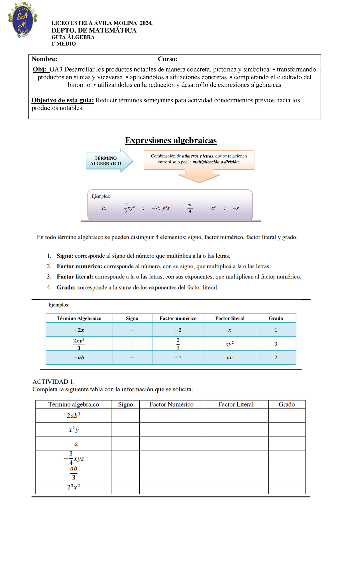 1Â° Medio F Algebra - Trabajo - LICEO ESTELA ÁVILA MOLINA 202 4. DEPTO ...