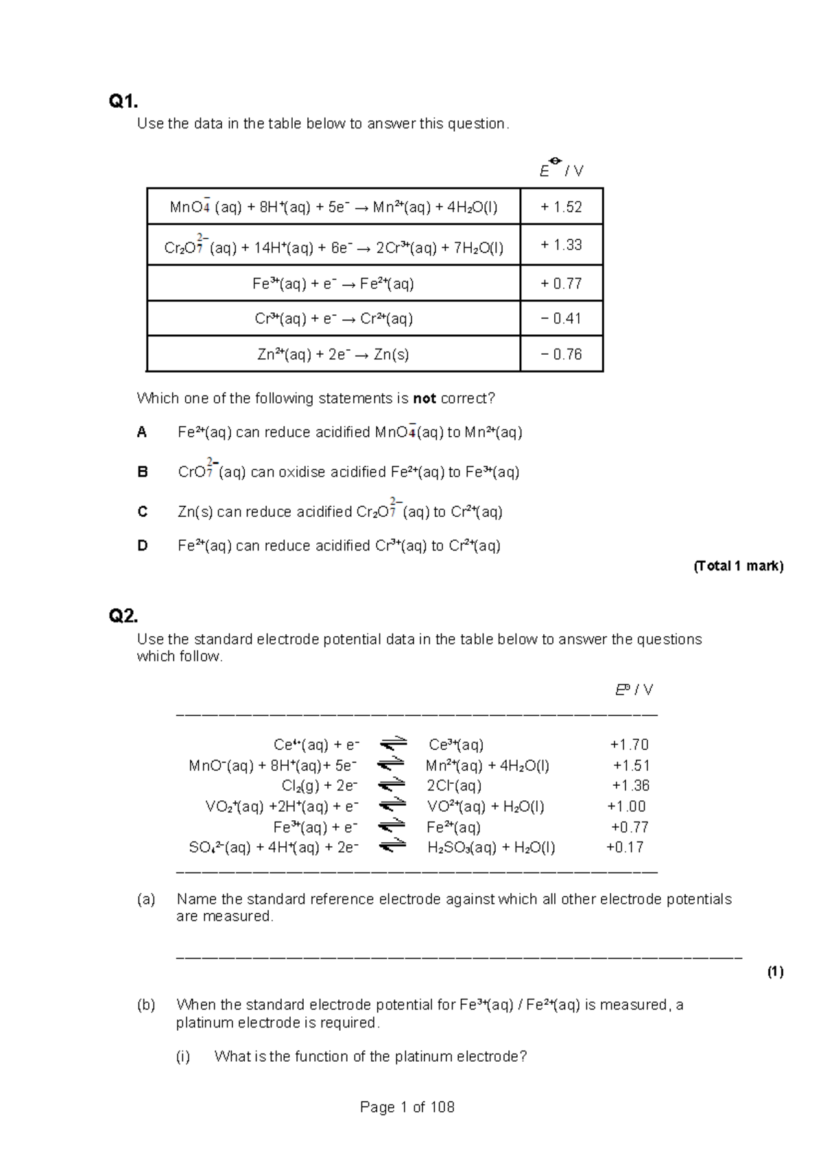 Electrode Potentials and Redox Reactions: Examination Notes (CHEM 301 ...