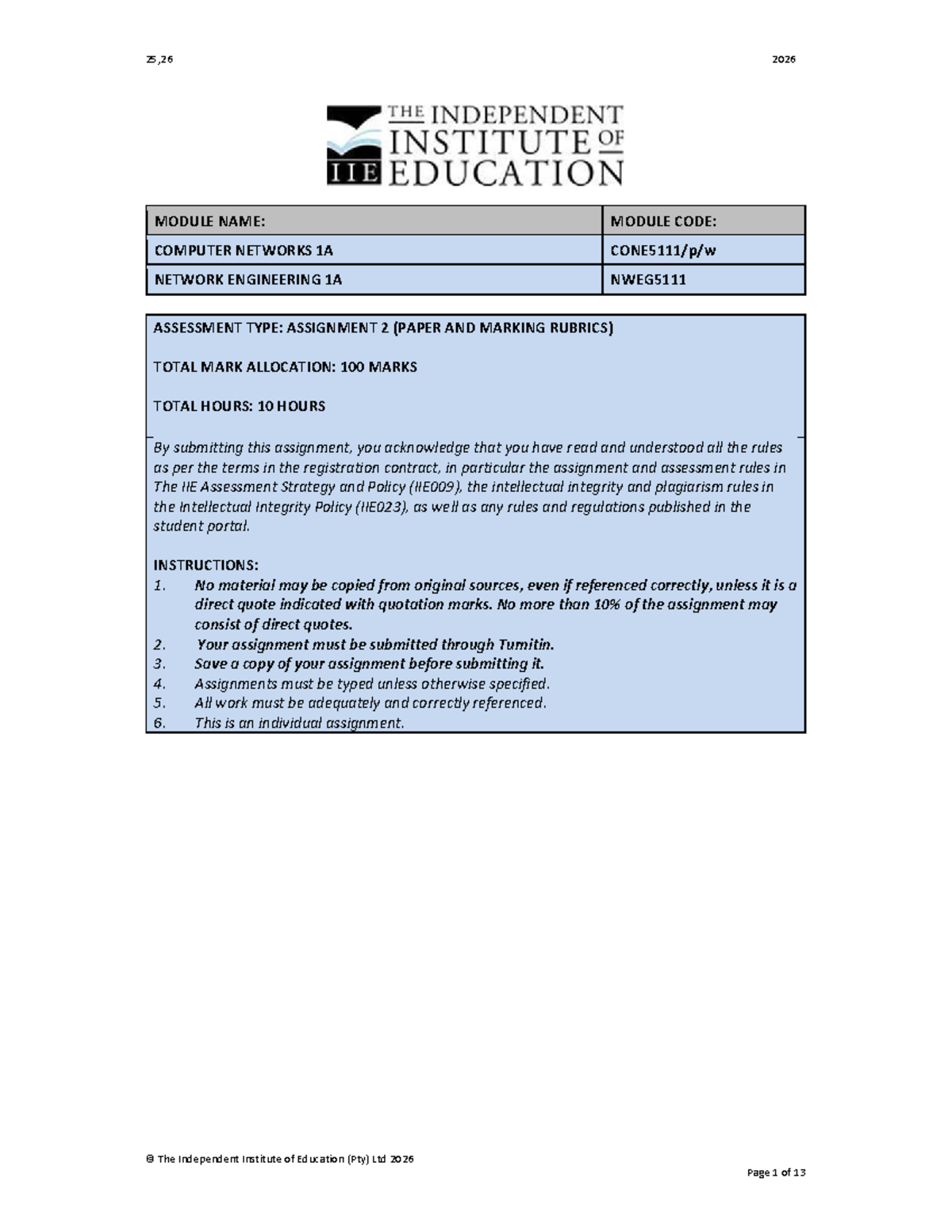 CONE5111 Assignment 2: Computer Networks 1A Assessment Guidelines - Studocu