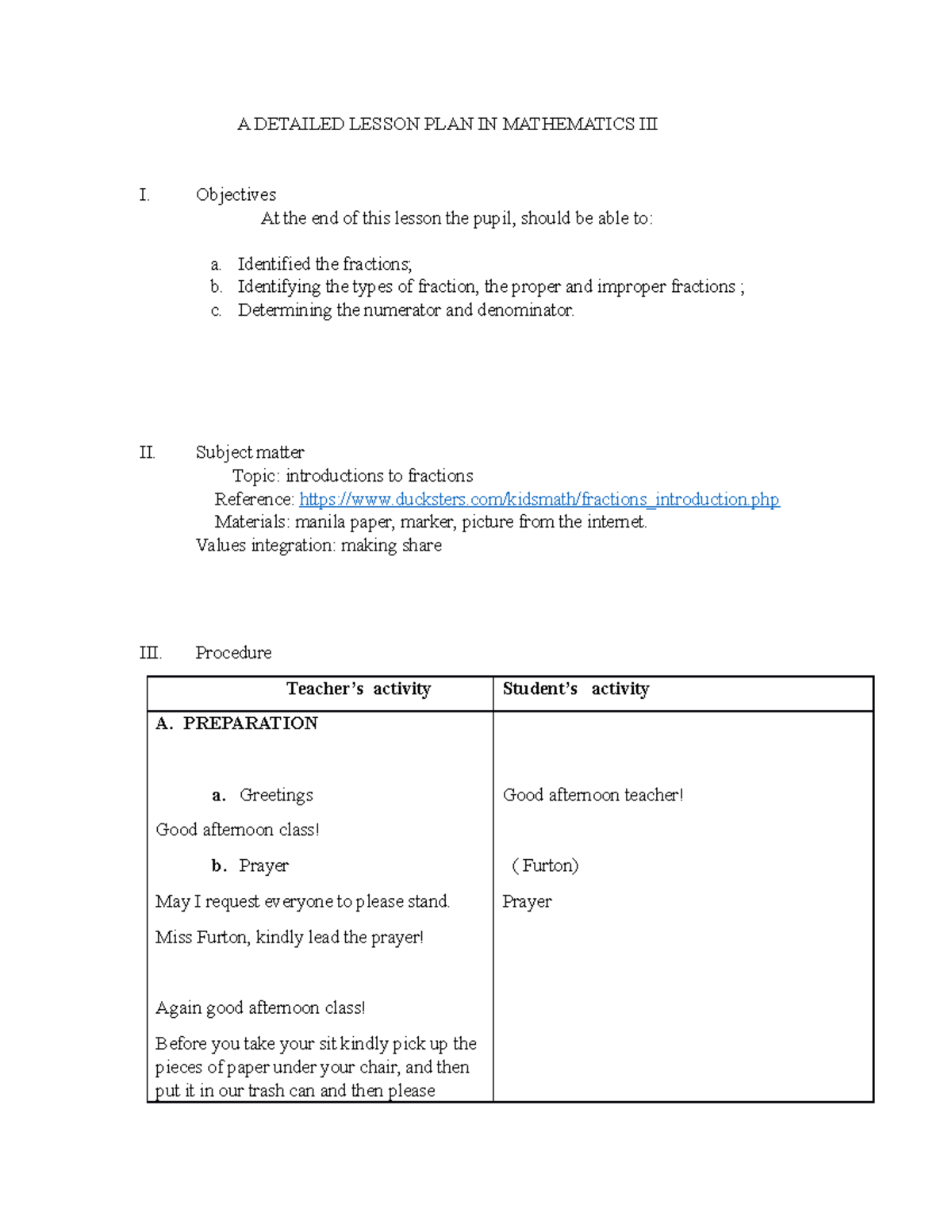 Detailed Lesson Plan: Understanding Fractions in Math III - Studocu