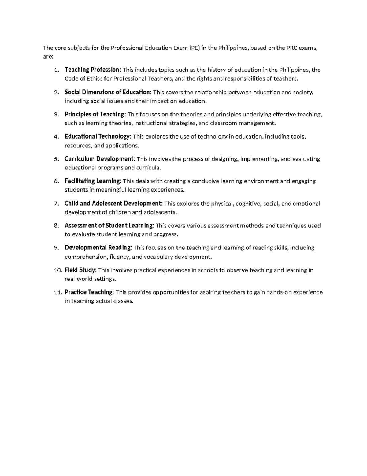 Core Subjects for the Professional Education Exam (PE) in the PH - Studocu
