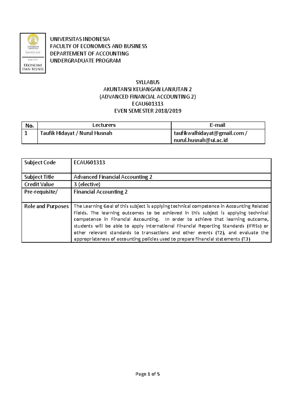 ECAU601313 Advanced Financial Accounting 2 Syllabus Even Semester - Studocu