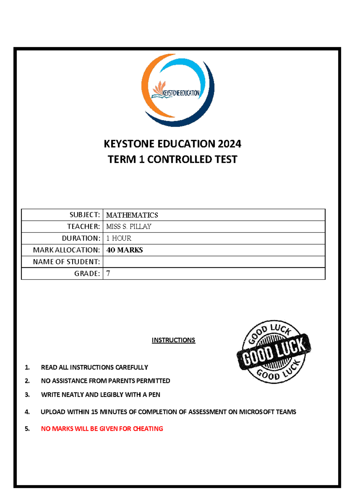 MATHEMATICS GRADE 7 TERM 1 CONTROLLED TEST 2024 - Studocu