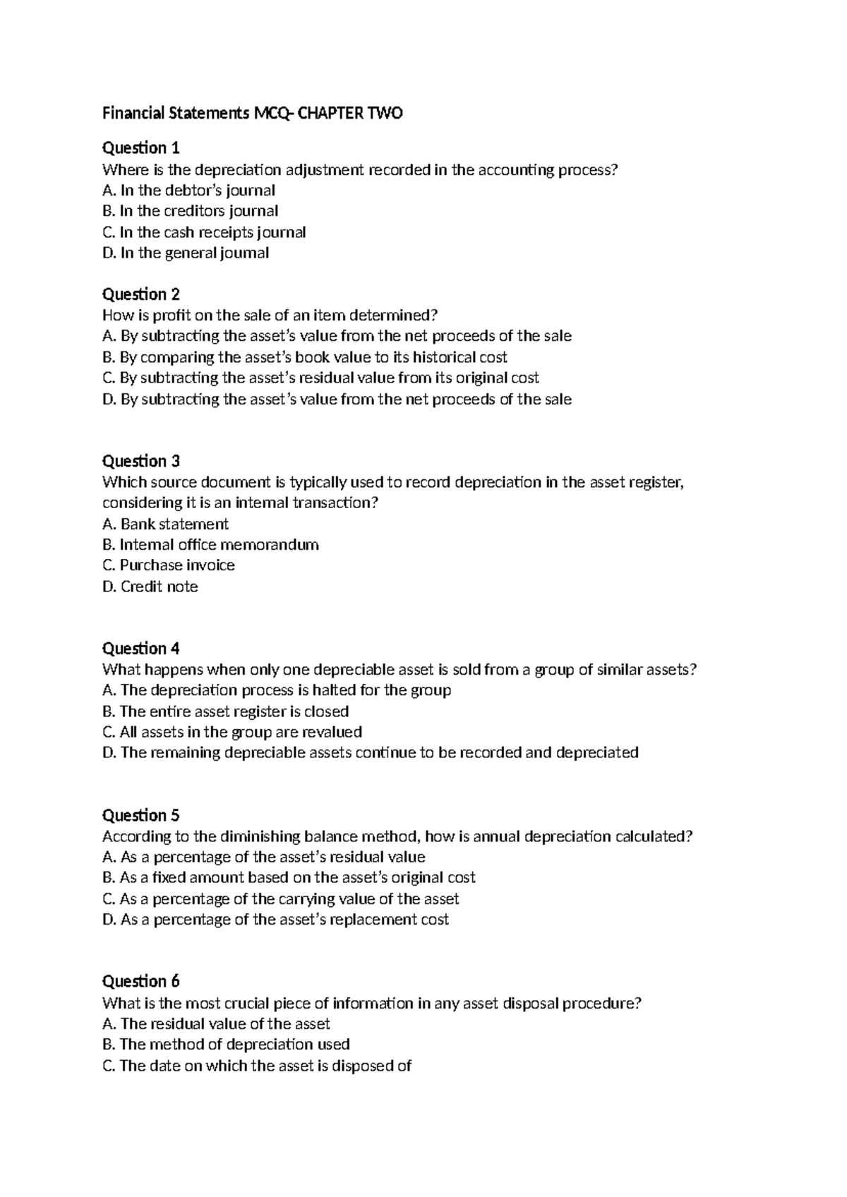 Financial Statements CHAPTER 2 MCQs on Depreciation and Profit - Studocu