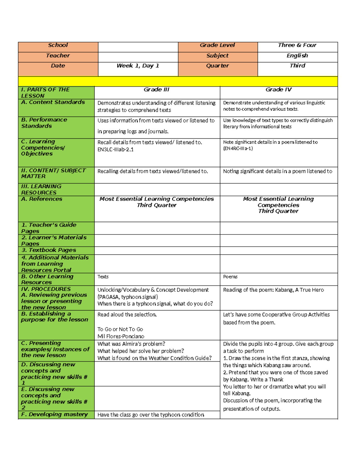Grade 3 & 4 Combined English Lesson Plan - Week 1, Quarter 3 - Studocu