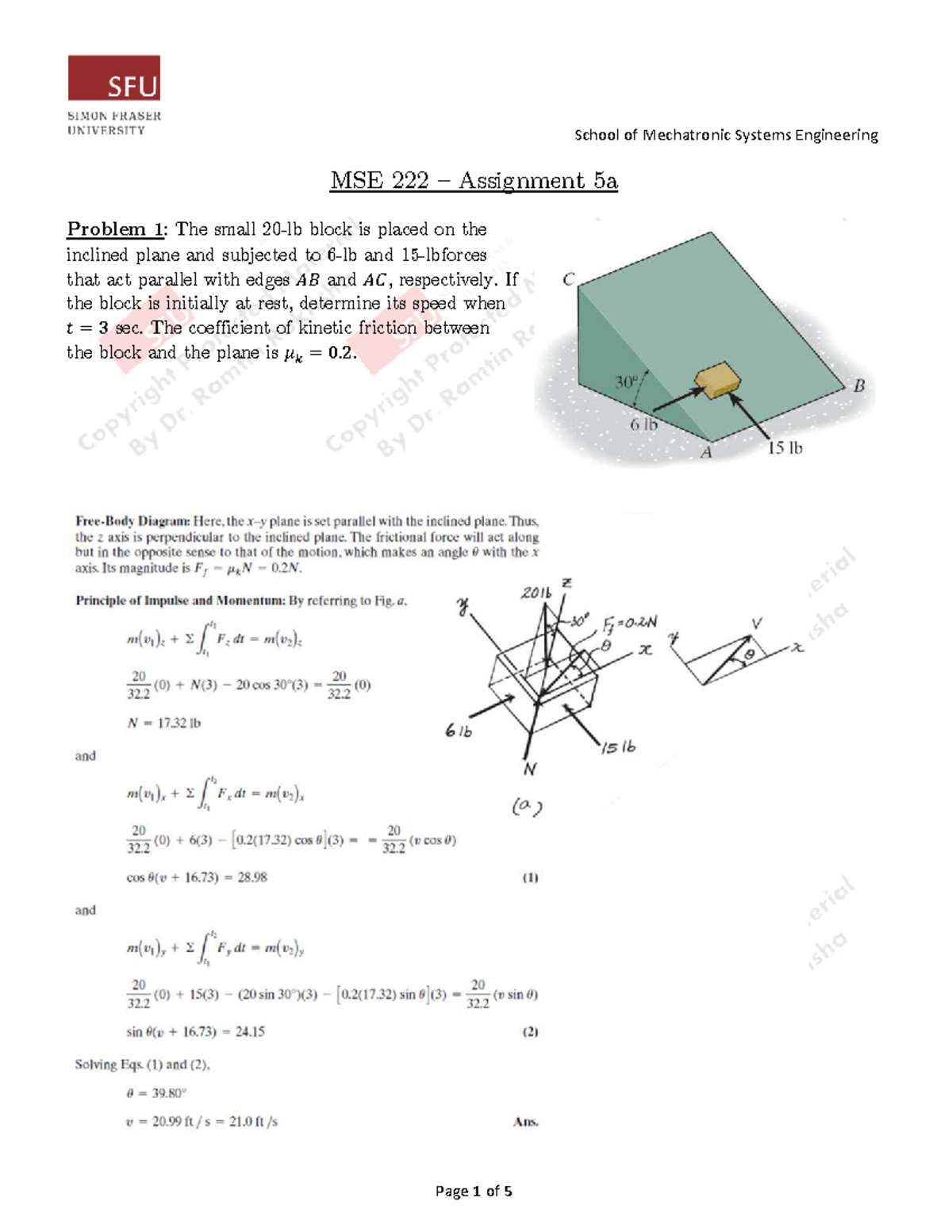 MSE 222 - Assignment 5 Solutions: Inclined Plane & Collision Problems ...