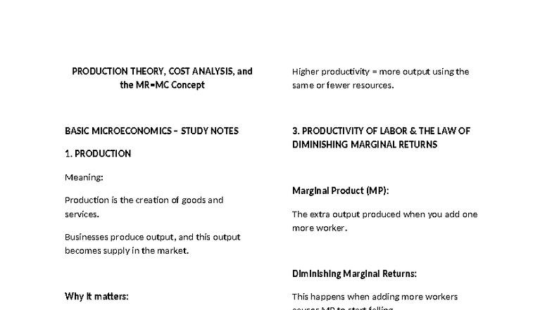 ECN 101: Basic Microeconomics Study Notes on Production & Costs - Studocu