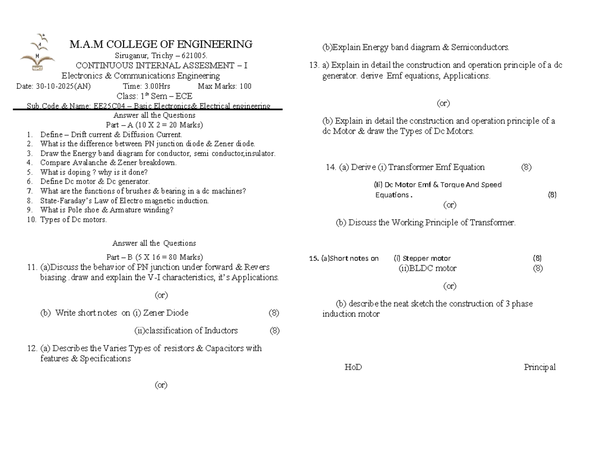 EE25C04 Continuous Internal Assessment I: Basic Electrical Engineering ...