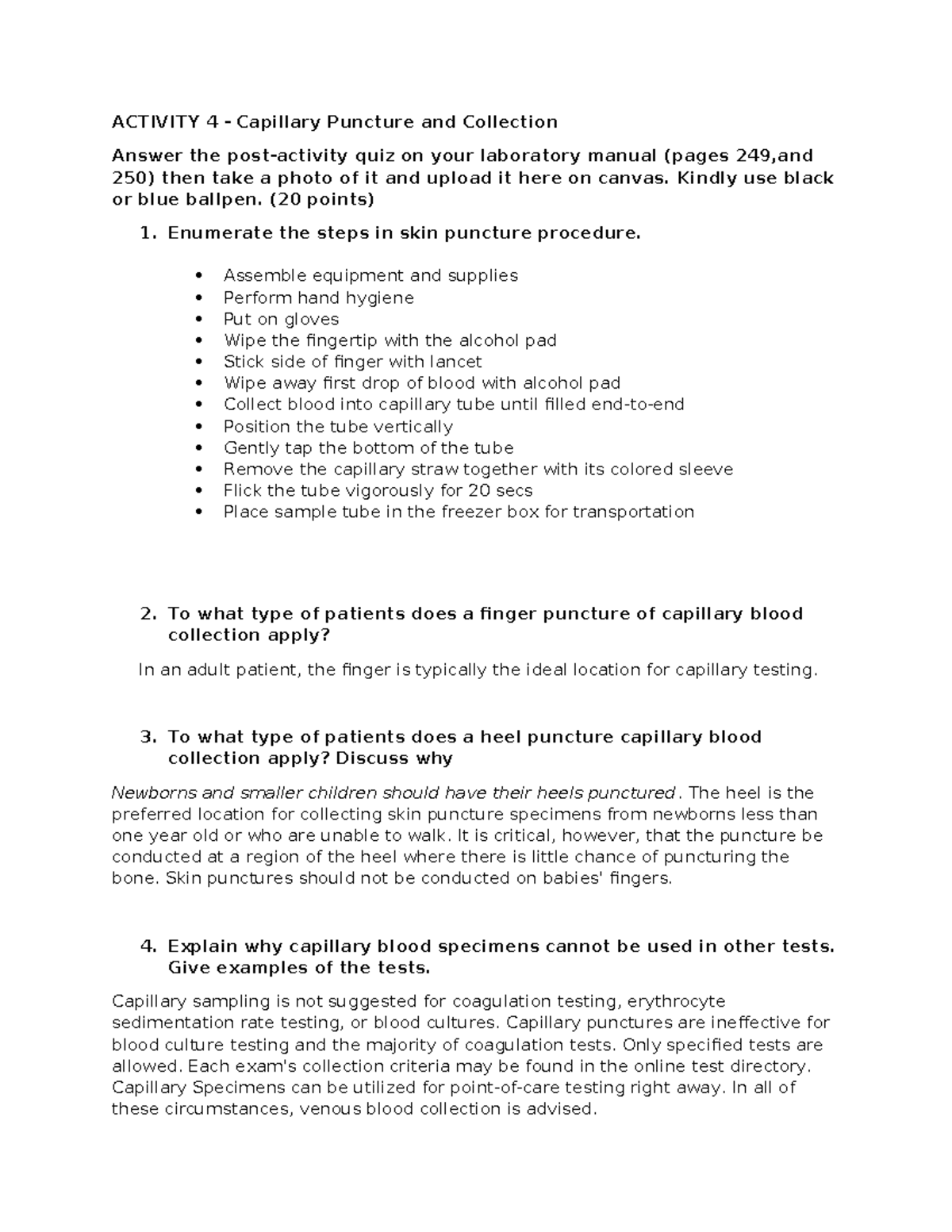 Activity 4 - Capillary Puncture & Blood Collection Procedures - Studocu
