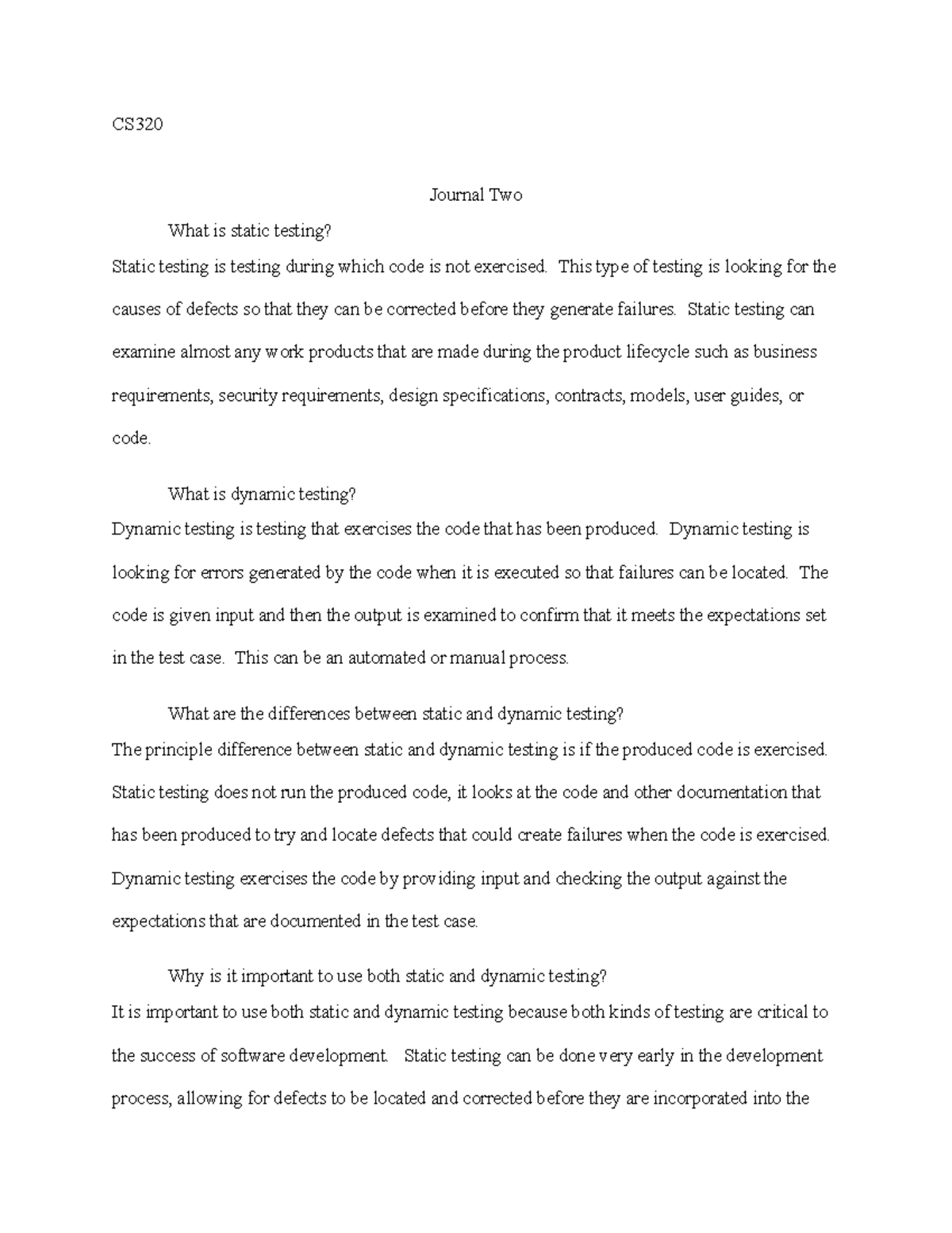 CS320 Journal 2: Understanding Static vs Dynamic Testing - Studocu