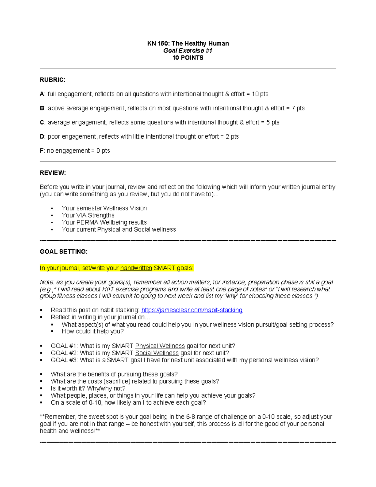 Kn 150 goal exs 1 - worksheet - KN 150: The Healthy Human Goal Exercise ...