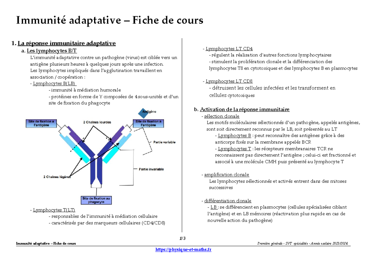 Immunité Adaptative - Fiche de Cours SVT Première Générale - Studocu