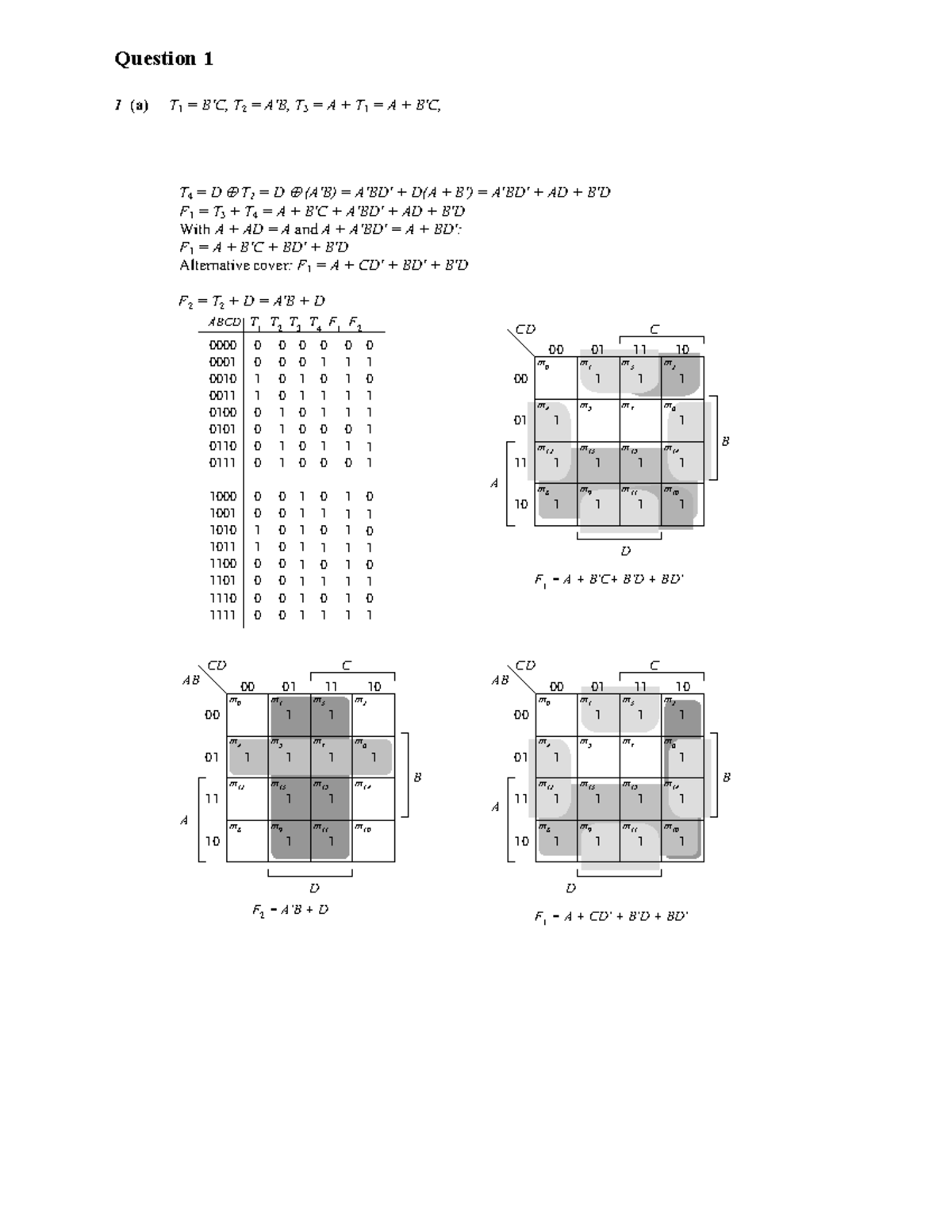DLD Answers - 1 (a) T 1 = B'C, T 2 = A'B, T 3 = A + T 1 = A + B'C, T 4 ...