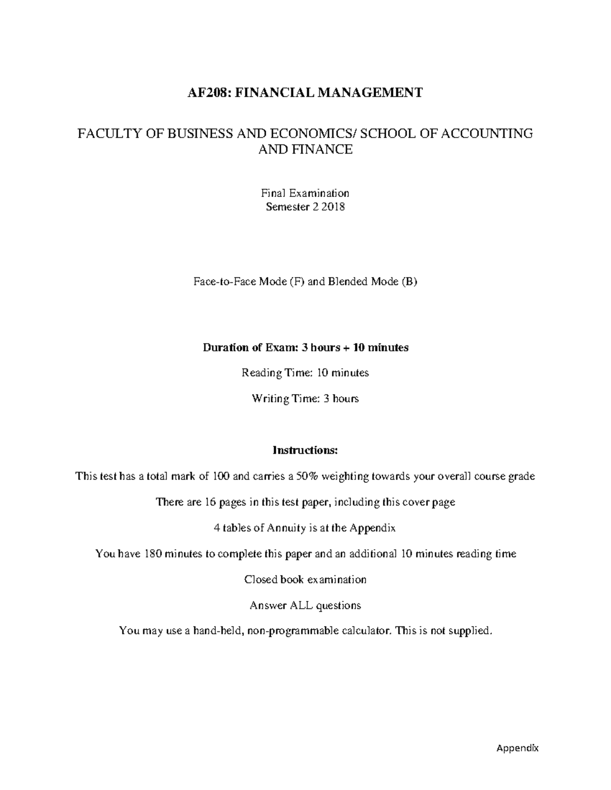 AF208: Final Exam on Financial Management - Semester 2, 2018 - Studocu