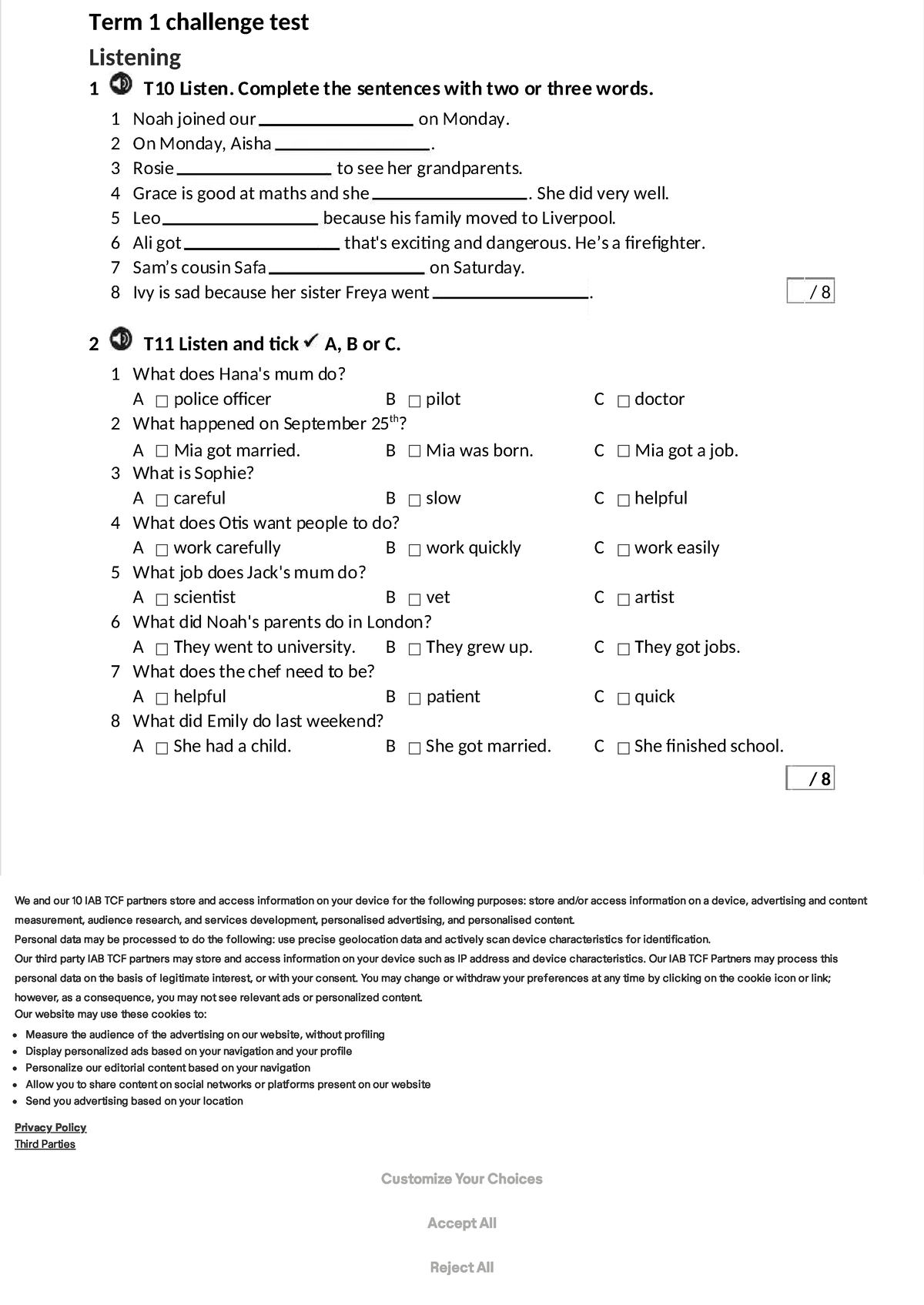 Term 1 Challenge Test: Listening 1 (T1 T10) - Studocu