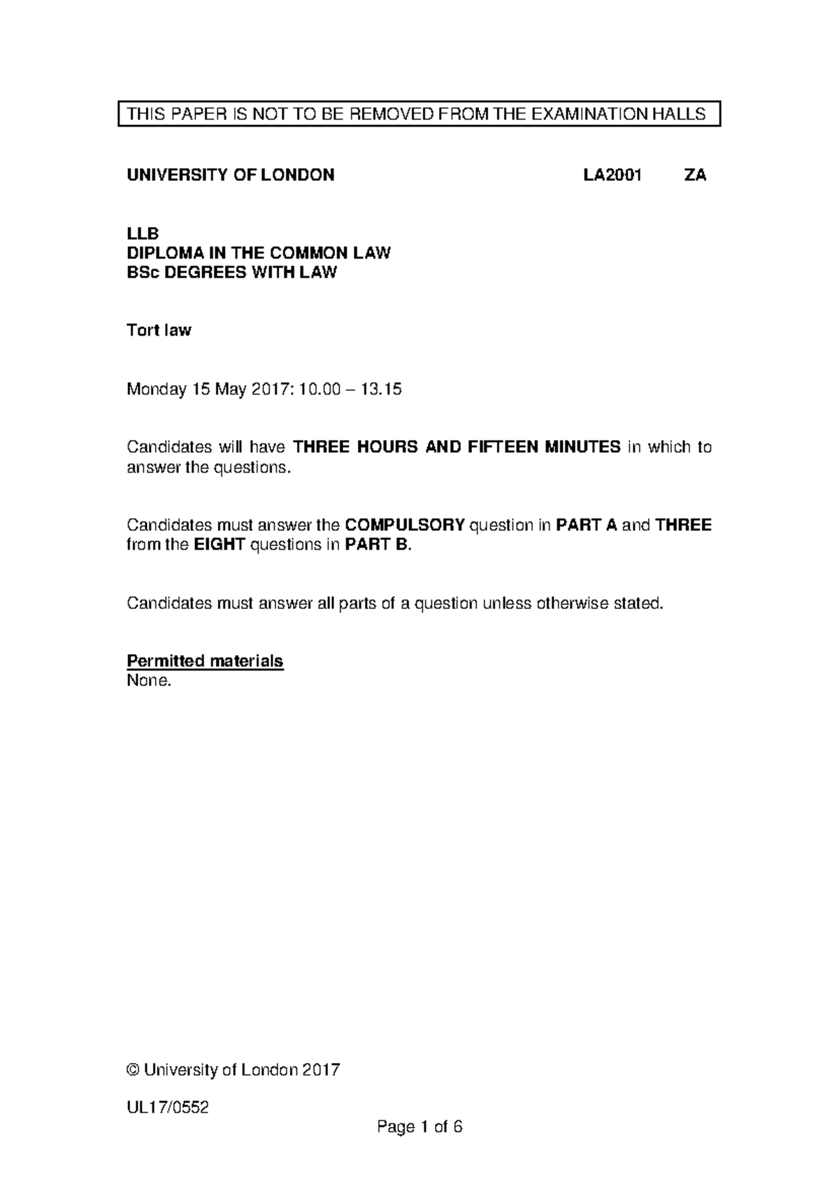 Tort Law Exam Paper 2017 - University of London LA2001 - Studocu