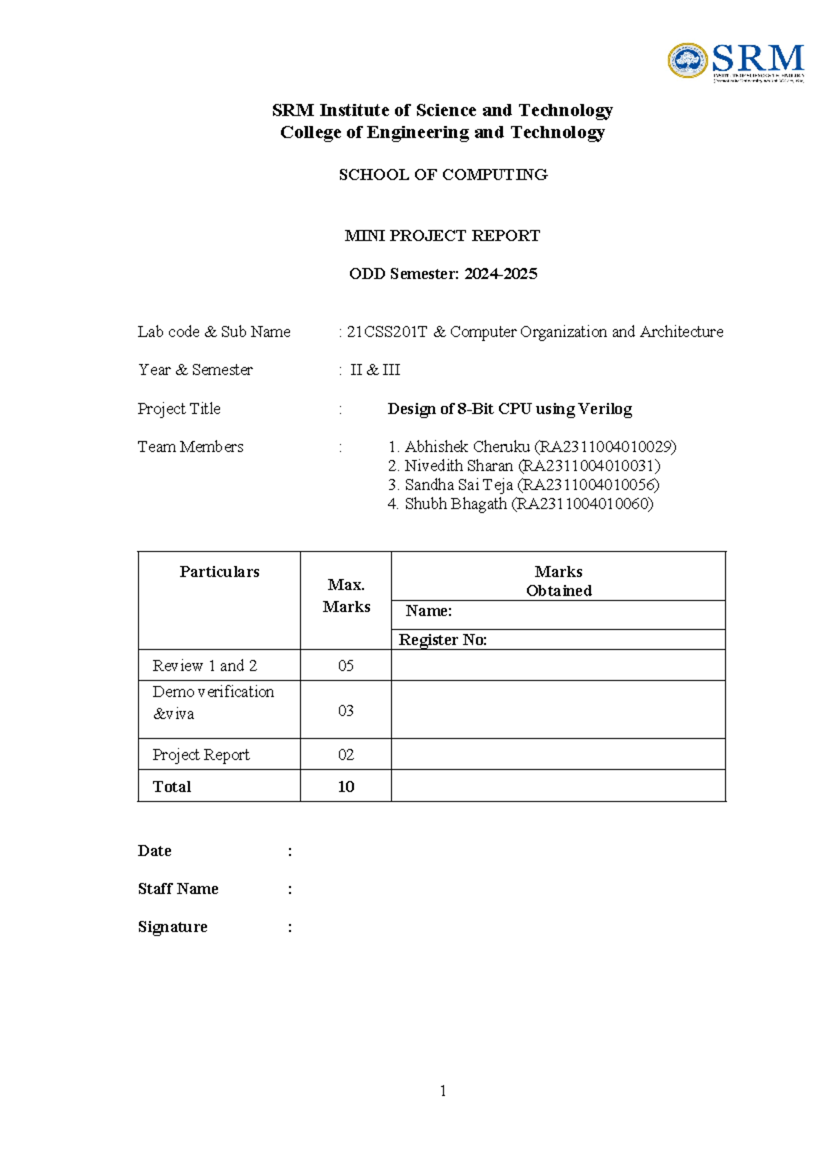 Design and Implementation of 8-Bit CPU in Verilog [COA] - Mini Project ...
