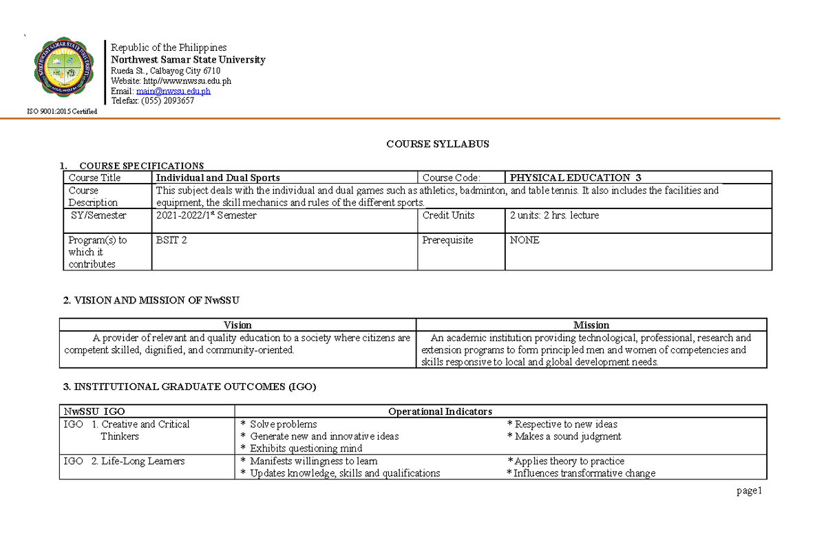 PHYSICAL EDUCATION 3: Individual and Dual Sports Course Syllabus - Studocu