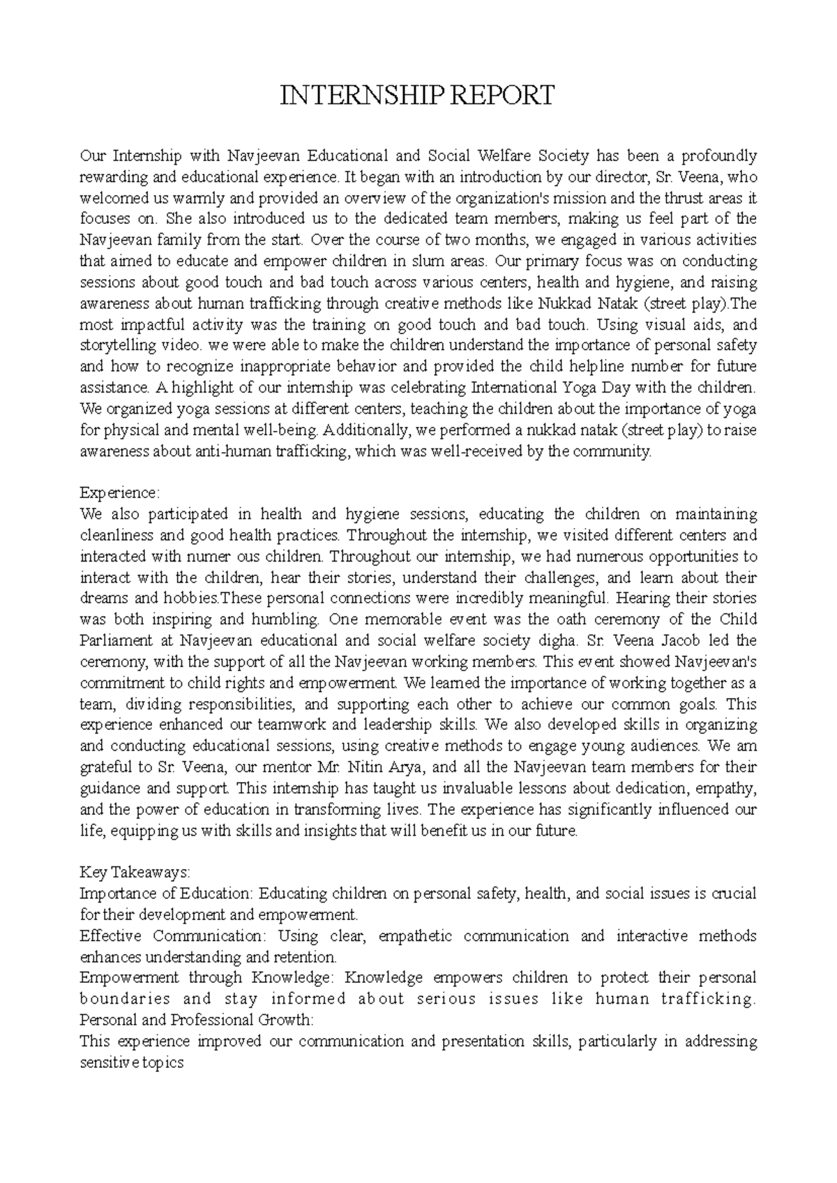 Internship Report: BA.LLB (HONS) Experience at Navjeevan Society - Studocu