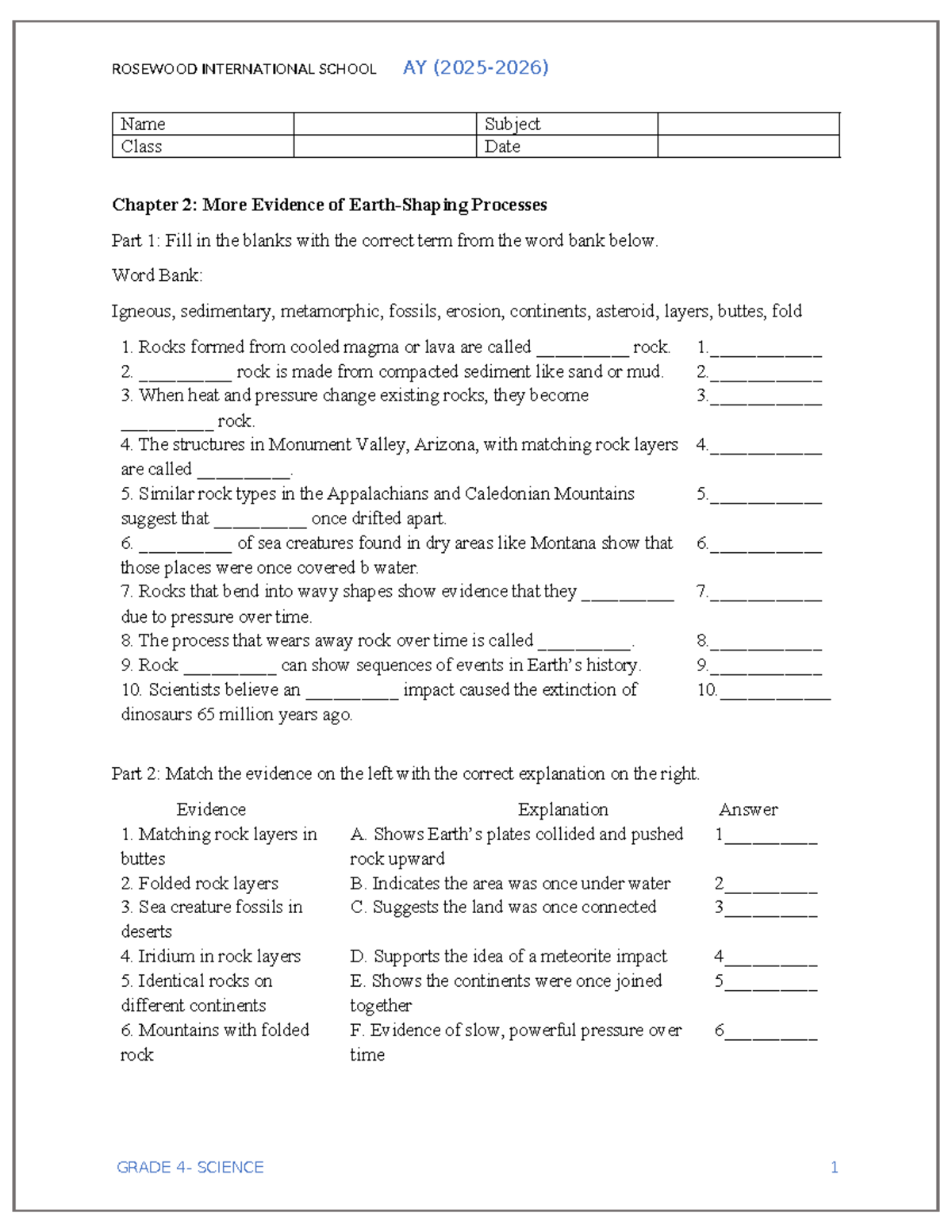 Chapter 2: More Evidence of Processes - GRADE SCIENCE Worksheet 2 - Studocu