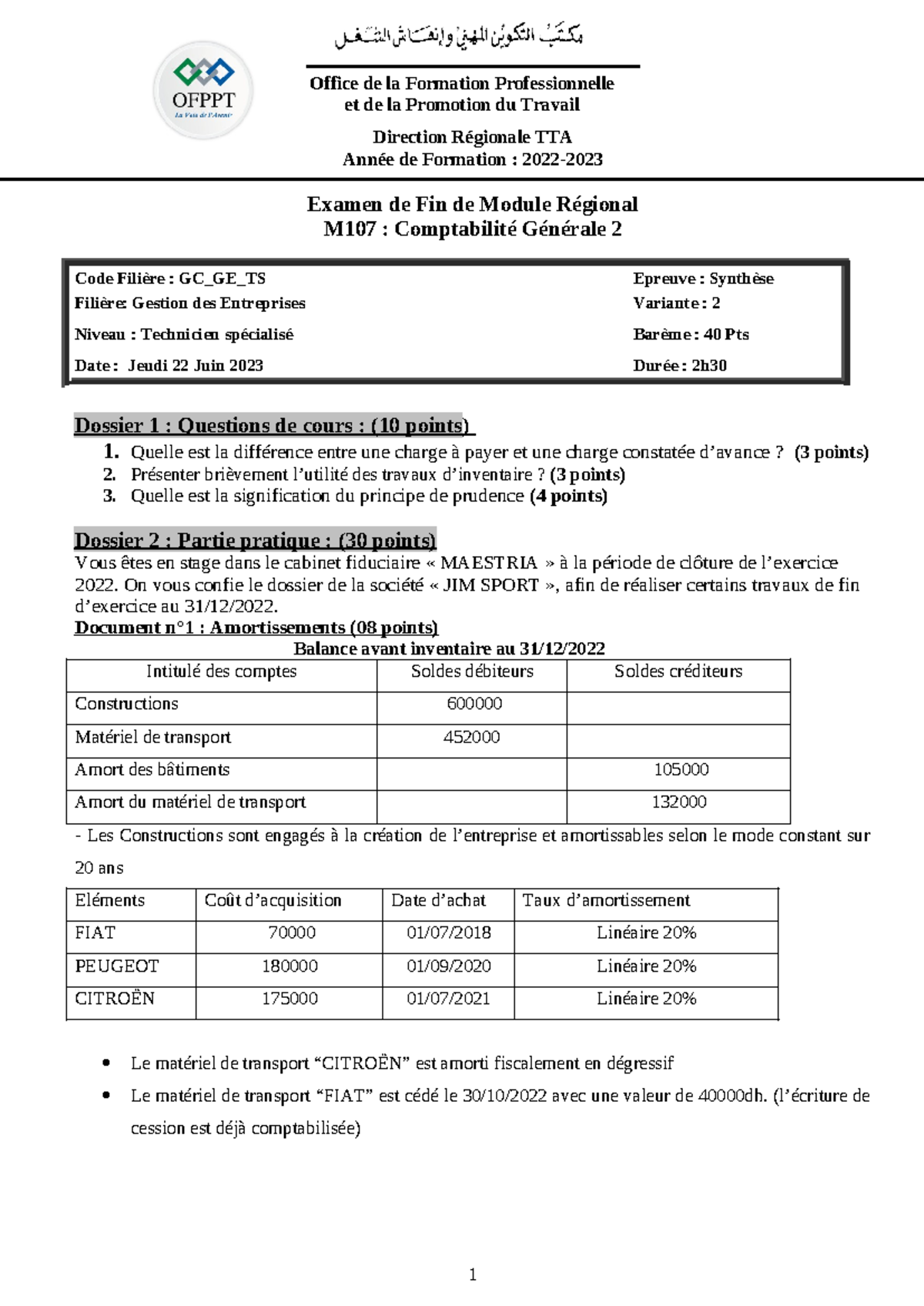 Examen de Fin de Module M107 : Synthèse Comptabilité Générale 2 - Studocu