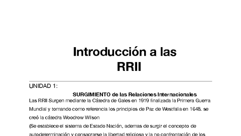 Introducción a las RRII - Unidad 1: Surgimiento y Conceptos Clave - Studocu
