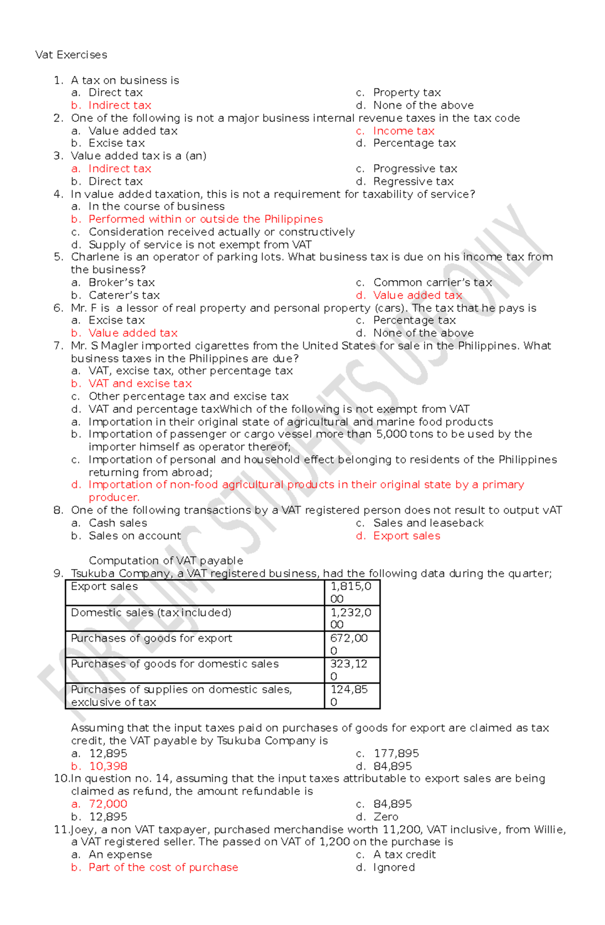 VAT Tax Exercises and Key Concepts Overview - Studocu