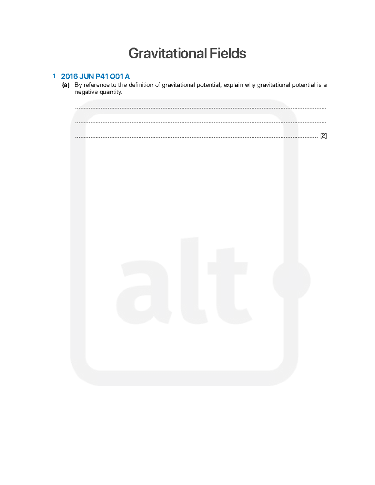 Gravitational Fields Worksheet 1 (UCLES 2016-2017) - Studocu
