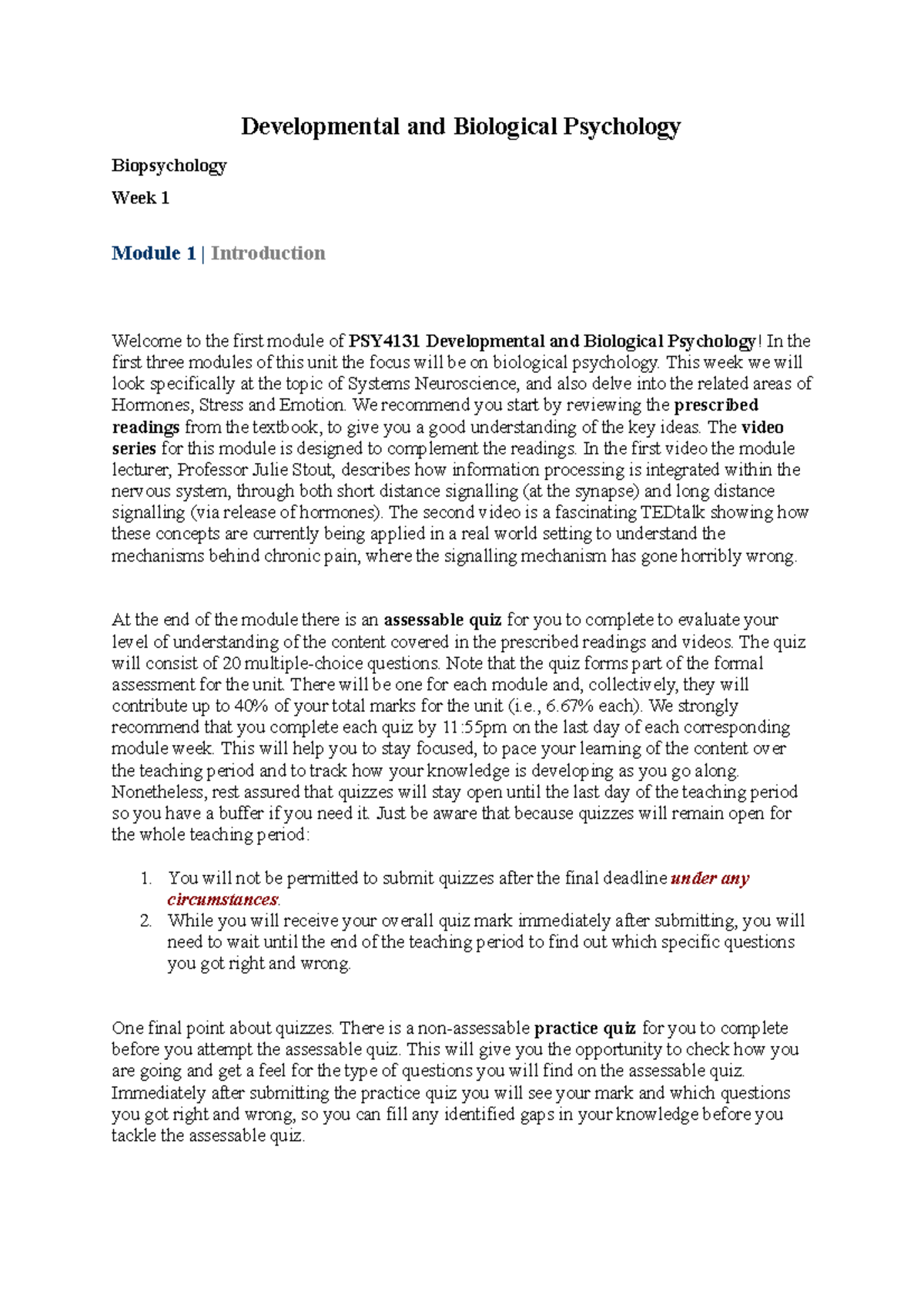 PSY4131 Module 1 Study Notes: Introduction to Biopsychology - Studocu