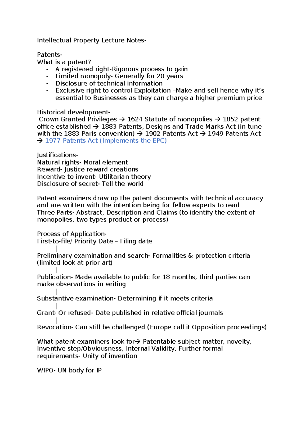 Intellectual Property Law (IP101) Lecture Notes on Patents and ...