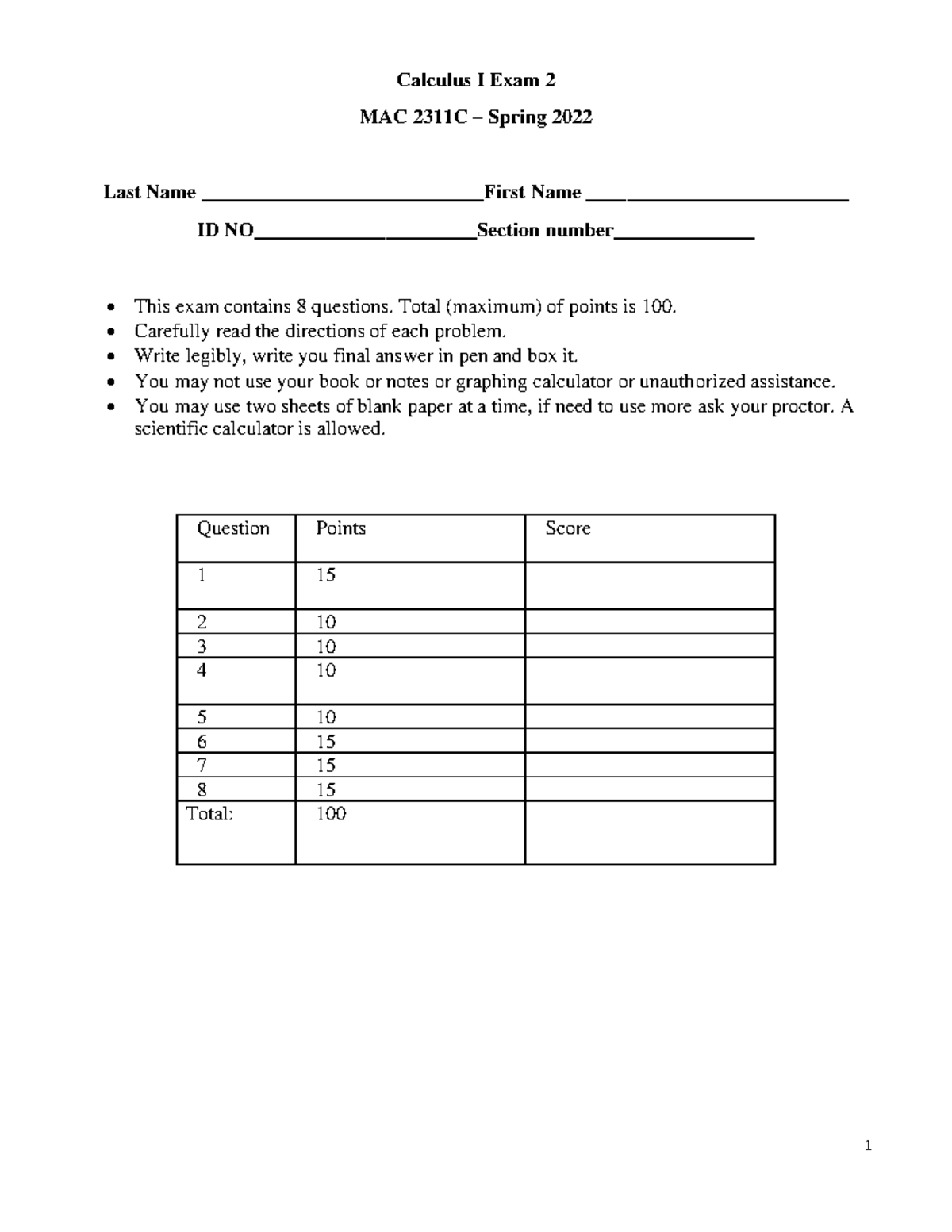Calculus I MAC 2311C Spring 2022 Exam 2 Details and Questions - Studocu