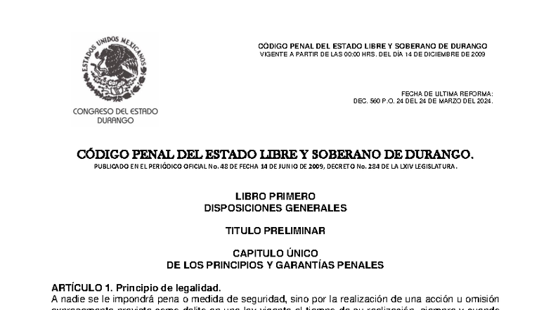 Código Penal del Estado de Durango (Vigente desde 2009) - Studocu