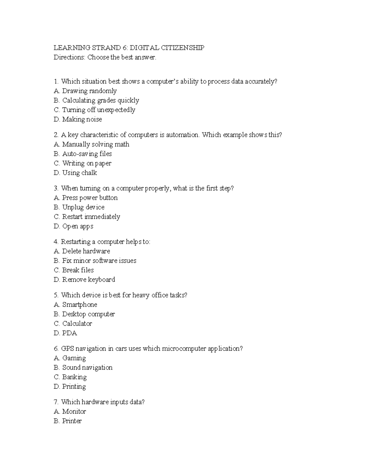 ALS Digital Citizenship - Quiz on Critical Thinking in ICT - Studocu